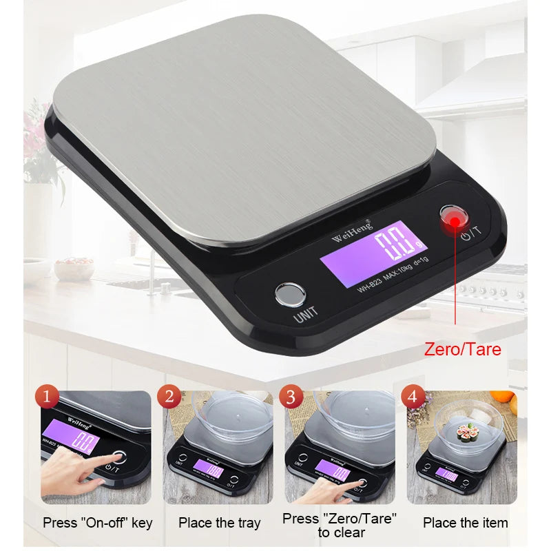 3kg/5kg/10kg 0.1g/1g High Accuracy Backlight Electric Scale with 3-9V USB Charge, Stainless Steel Weighing Kitchen Scale Libra