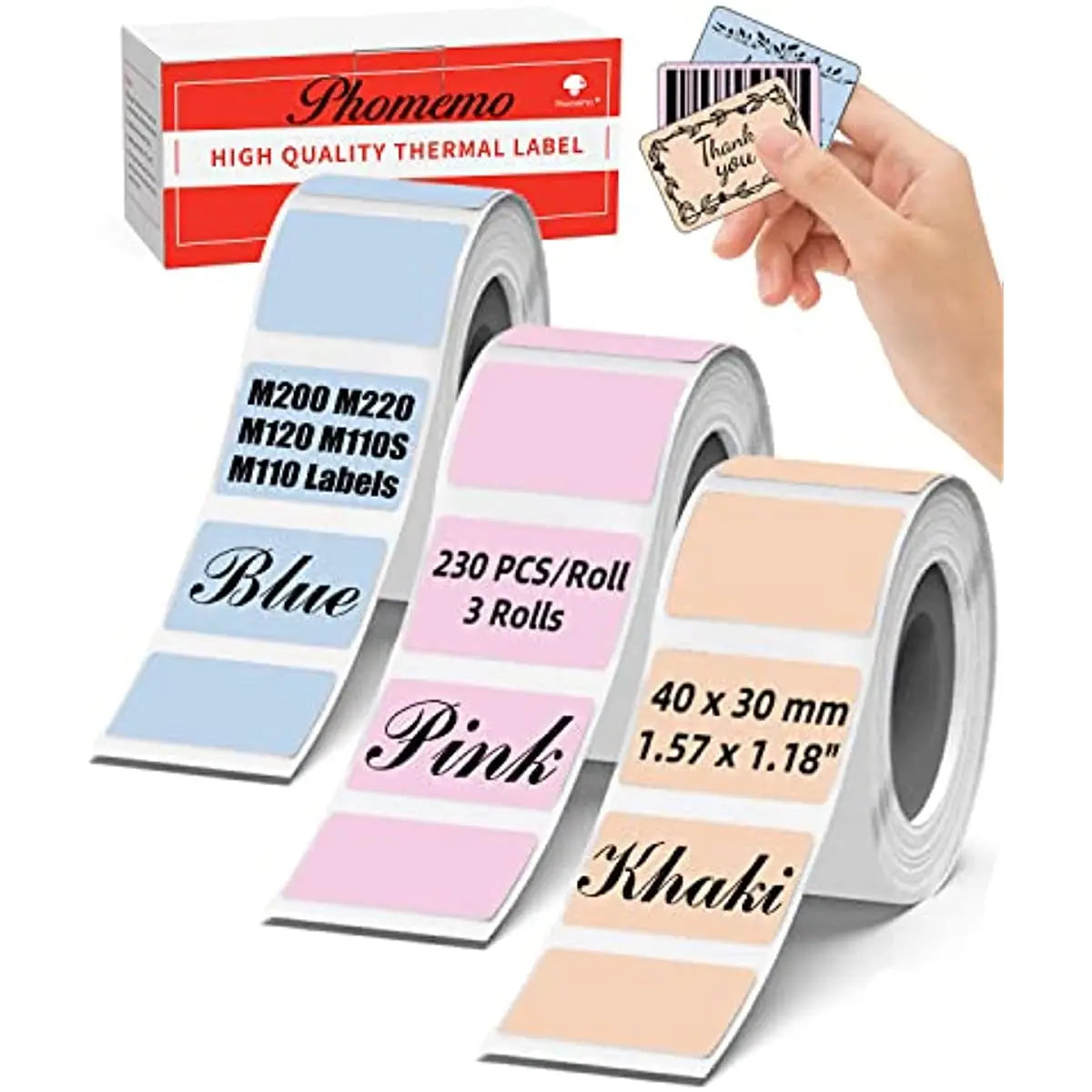 Phomemo M110 Labels Color M200 Label 40x30MM for M220 M200 M120 M110S M110 Printer Labels Pink/Khaki/Blue 230 Pcs/Roll,3 Rolls